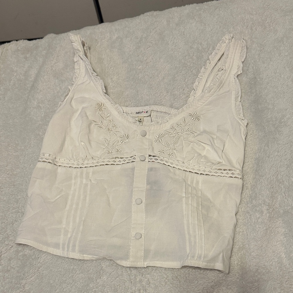 Self Esteem White Embroidered Crop Top